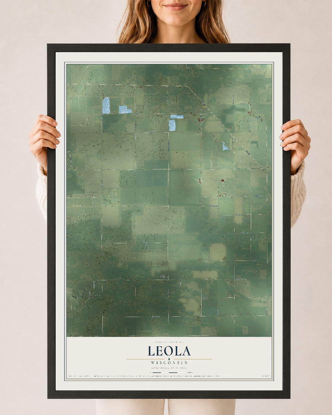 Map of Leola, Wisconsin, 24 x 36 inch print in a black wood frame