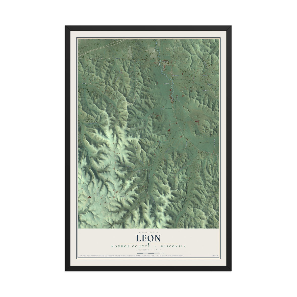 Map of Leon, Monroe County, Wisconsin, 12 x 18 inch print in a black wood frame