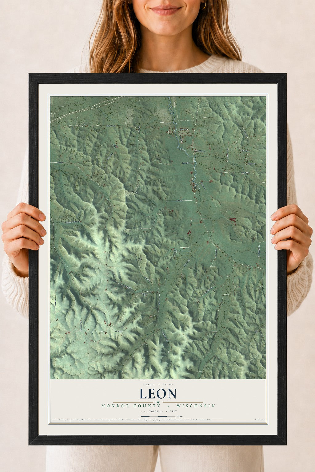 Map of Leon, Monroe County, Wisconsin, 18 x 24 inch print in a black wood frame