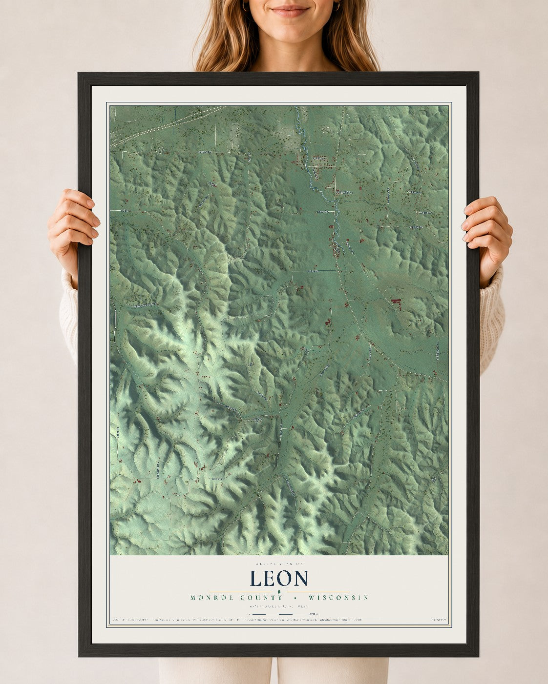 Map of Leon, Monroe County, Wisconsin, 24 x 36 inch print in a black wood frame