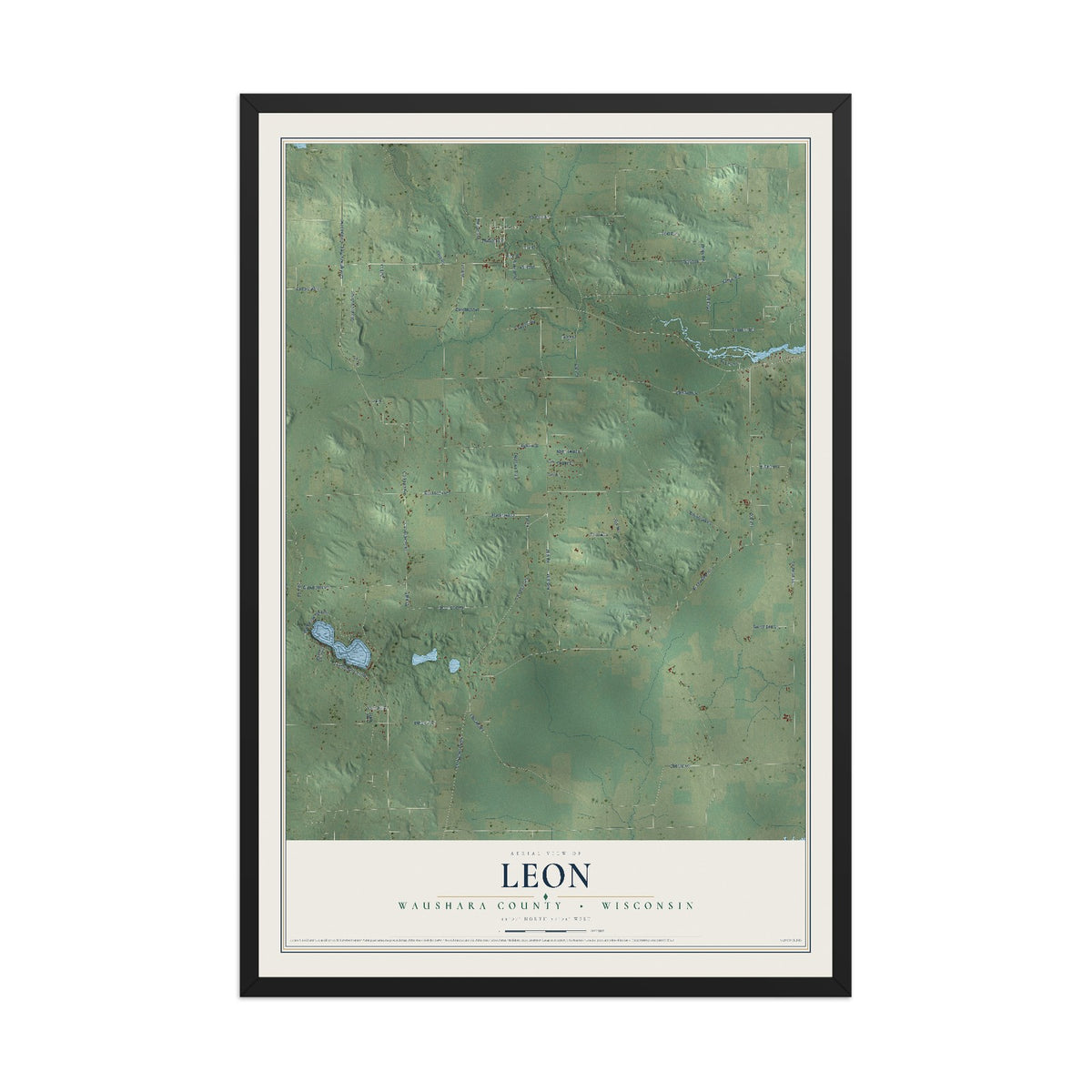 Map of Leon, Waushara County, Wisconsin, 12 x 18 inch print in a black wood frame