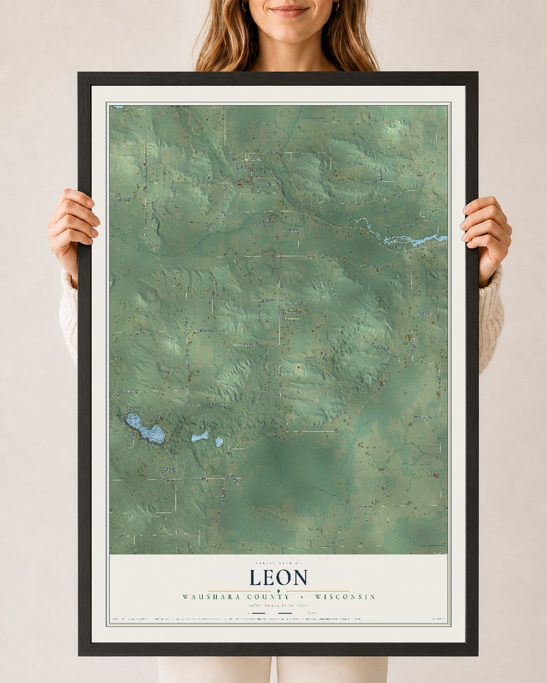 Map of Leon, Waushara County, Wisconsin, 24 x 36 inch print in a black wood frame