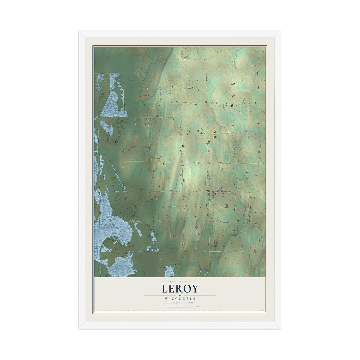 Map of Leroy, Wisconsin, 12 x 18 inch print in a white wood frame