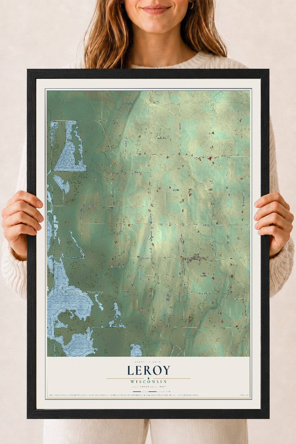 Map of Leroy, Wisconsin, 18 x 24 inch print in a black wood frame