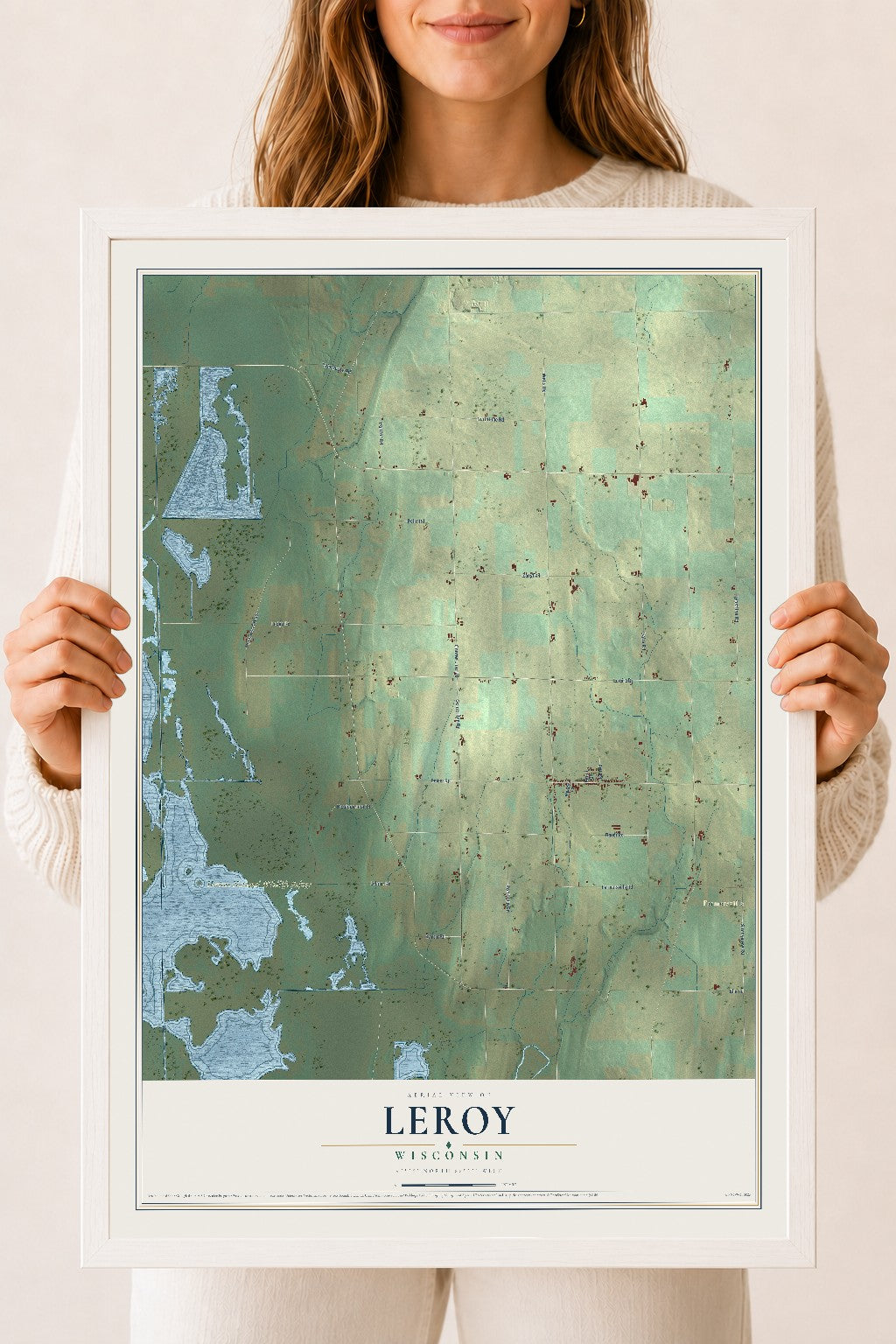 Map of Leroy, Wisconsin, 18 x 24 inch print in a white wood frame