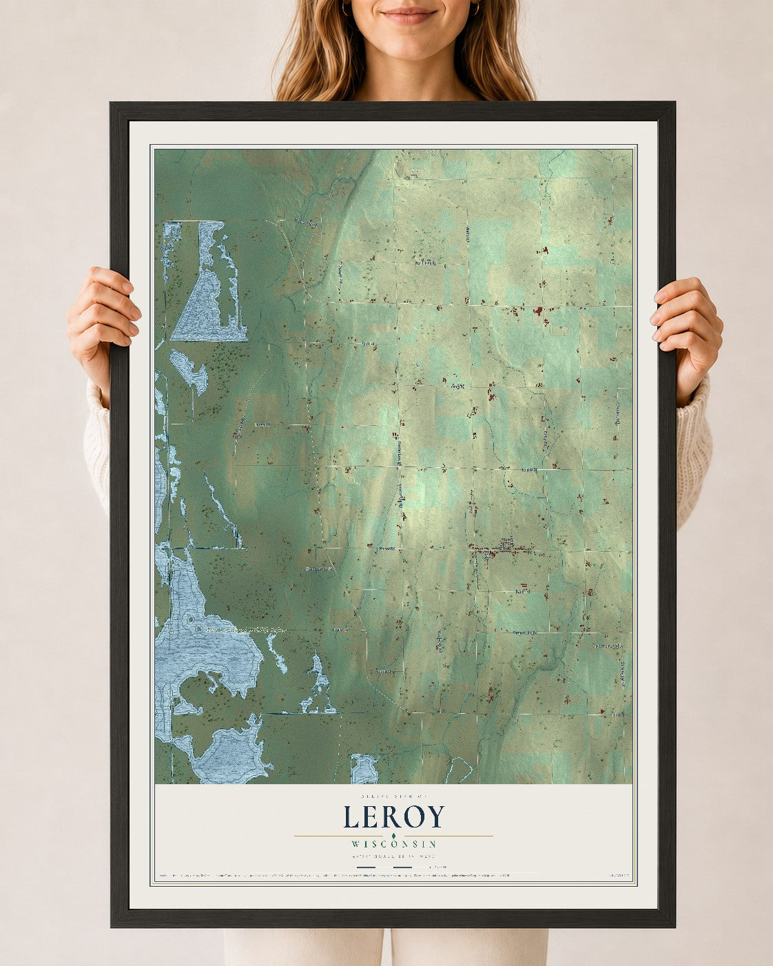 Map of Leroy, Wisconsin, 24 x 36 inch print in a black wood frame