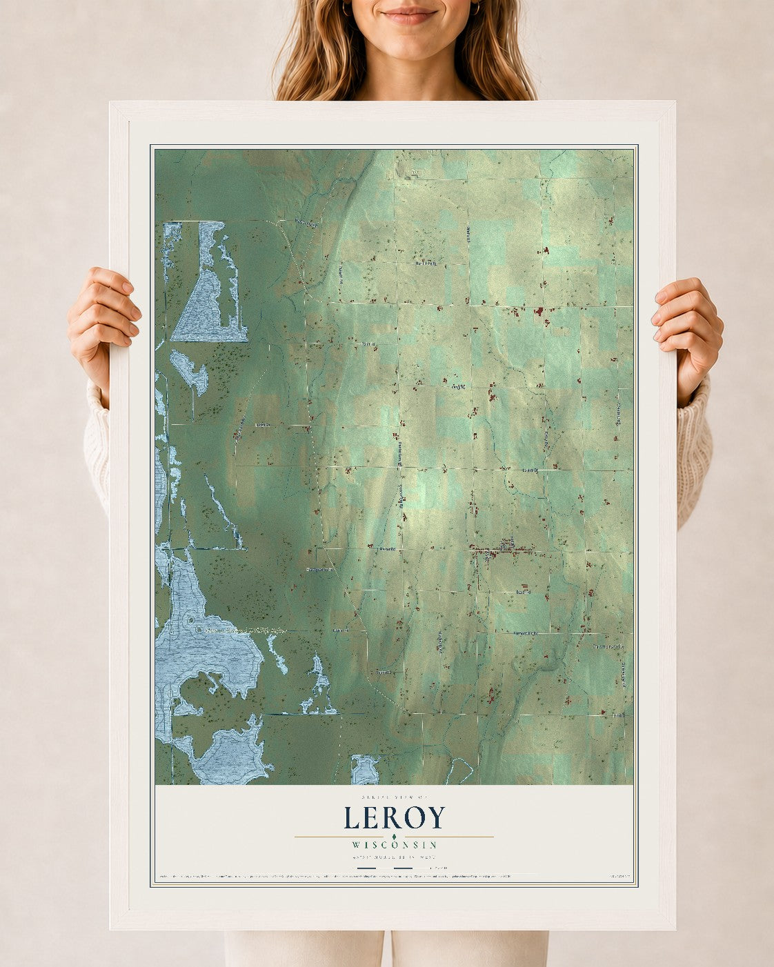 Map of Leroy, Wisconsin, 24 x 36 inch print in a white wood frame
