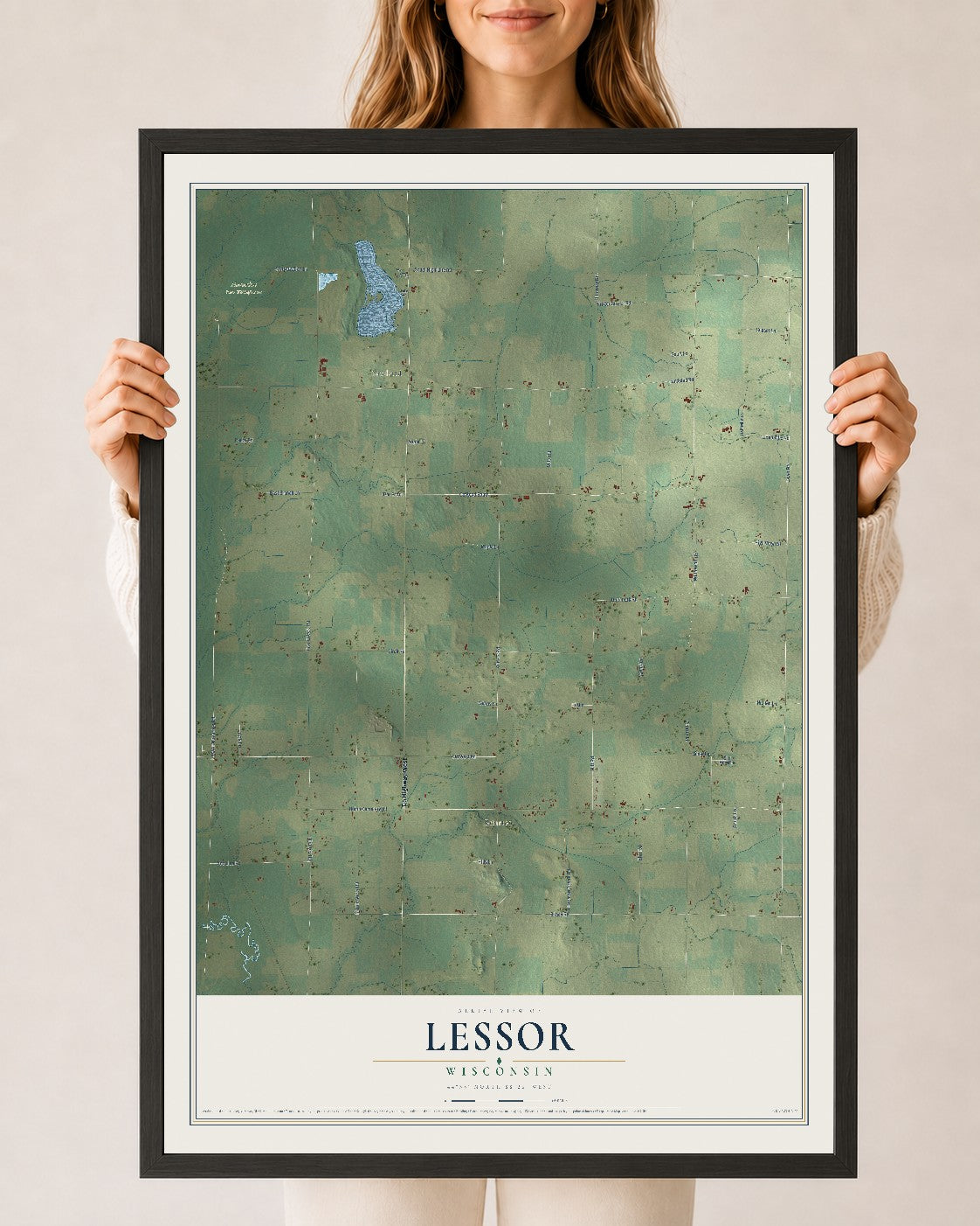Map of Lessor, Wisconsin, 24 x 36 inch print in a black wood frame