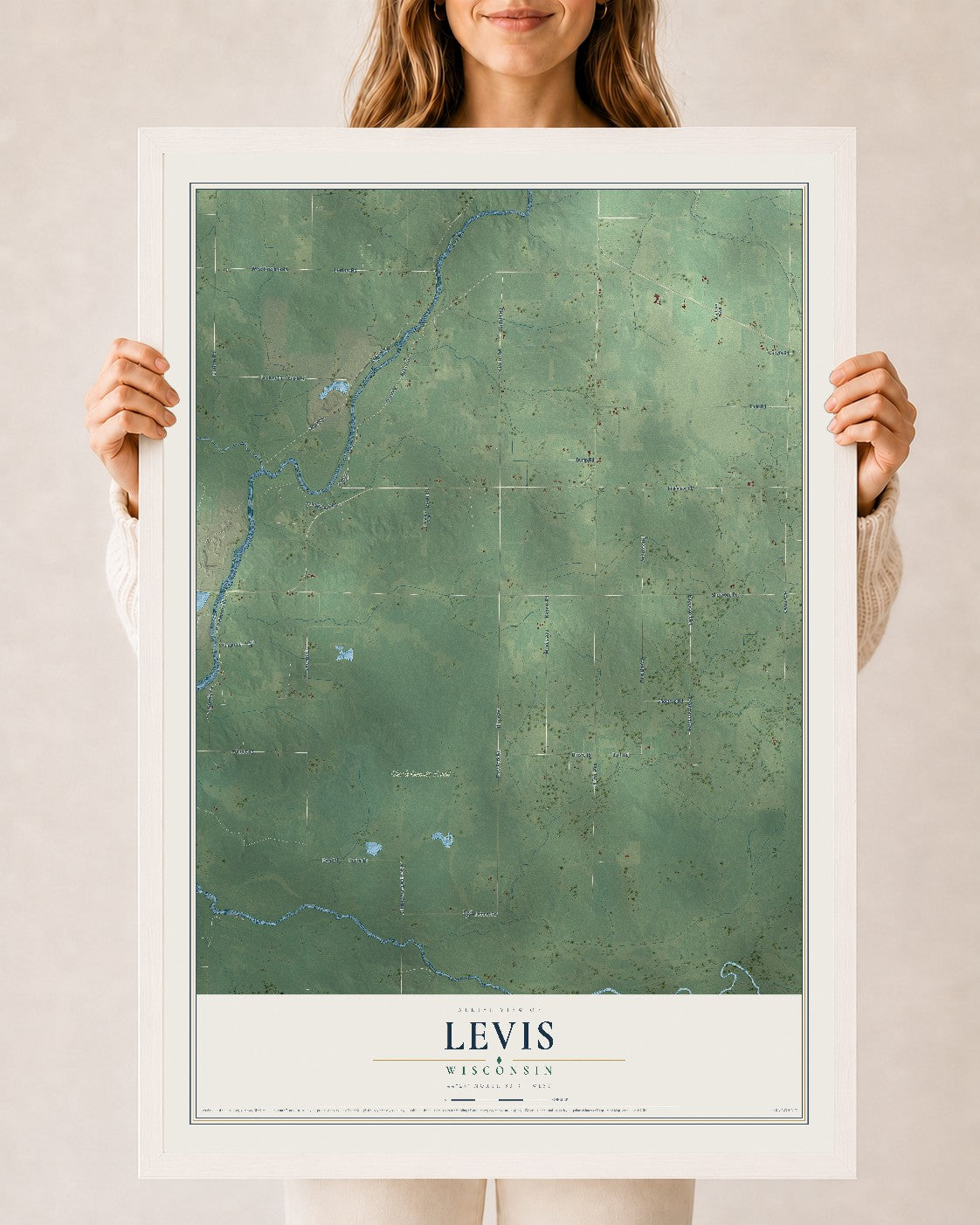 Map of Levis, Wisconsin, 24 x 36 inch print in a white wood frame