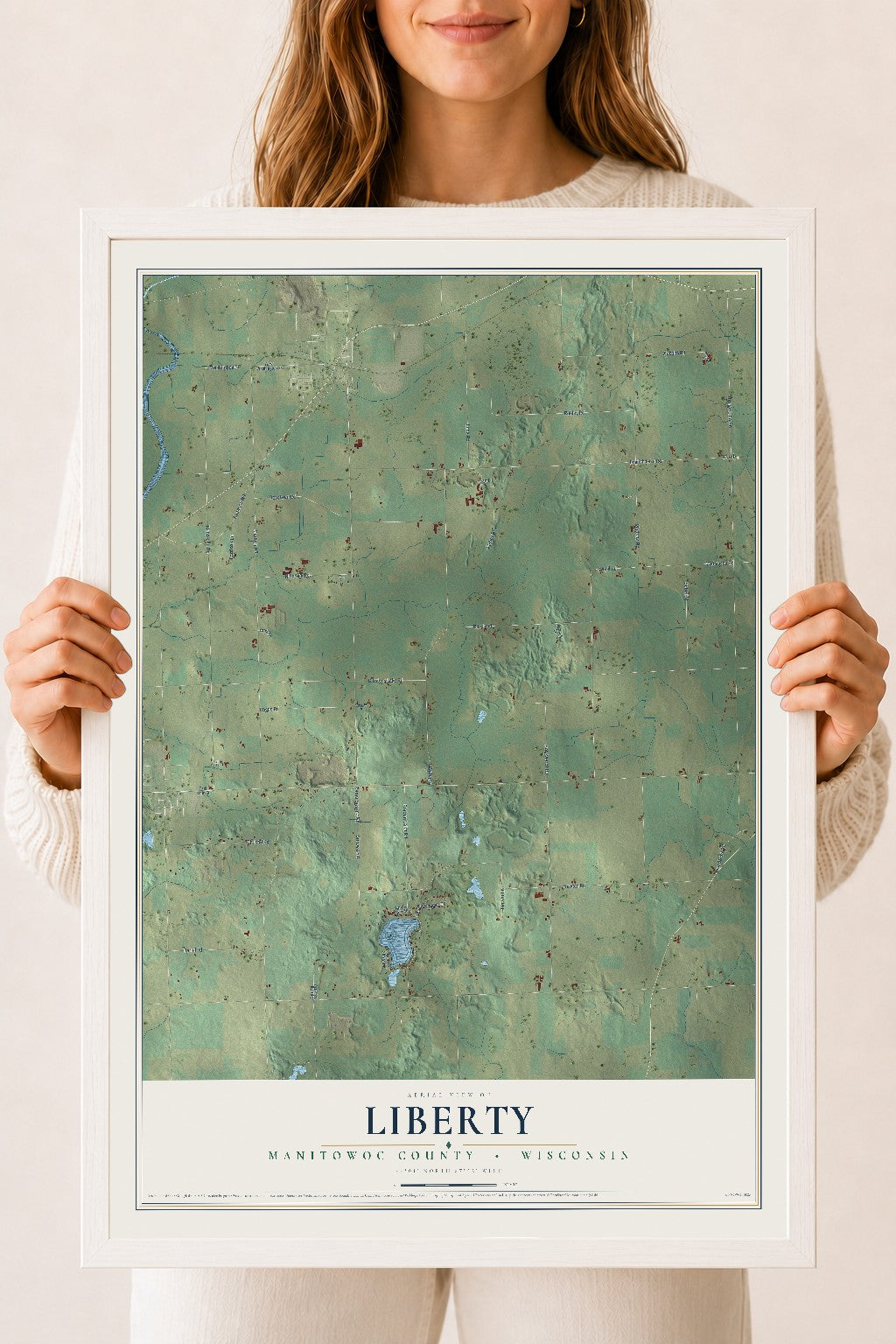 Map of Liberty, Manitowoc County, Wisconsin, 18 x 24 inch print in a white wood frame