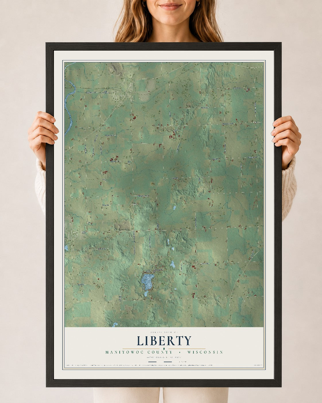 Map of Liberty, Manitowoc County, Wisconsin, 24 x 36 inch print in a black wood frame