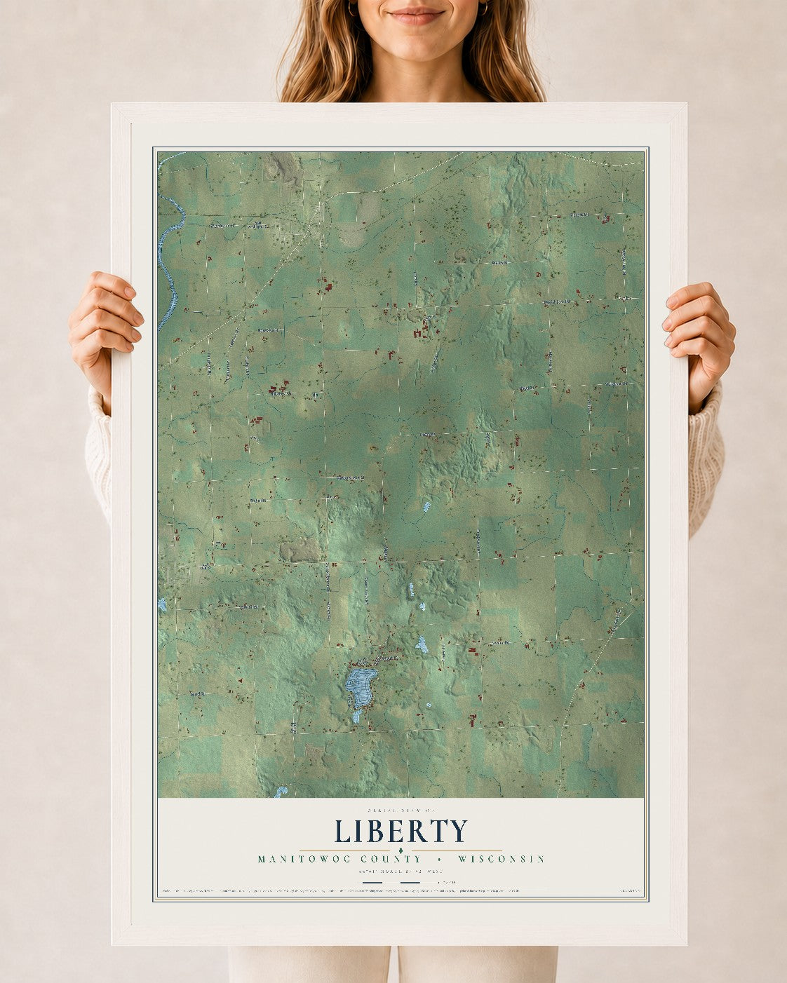 Map of Liberty, Manitowoc County, Wisconsin, 24 x 36 inch print in a white wood frame