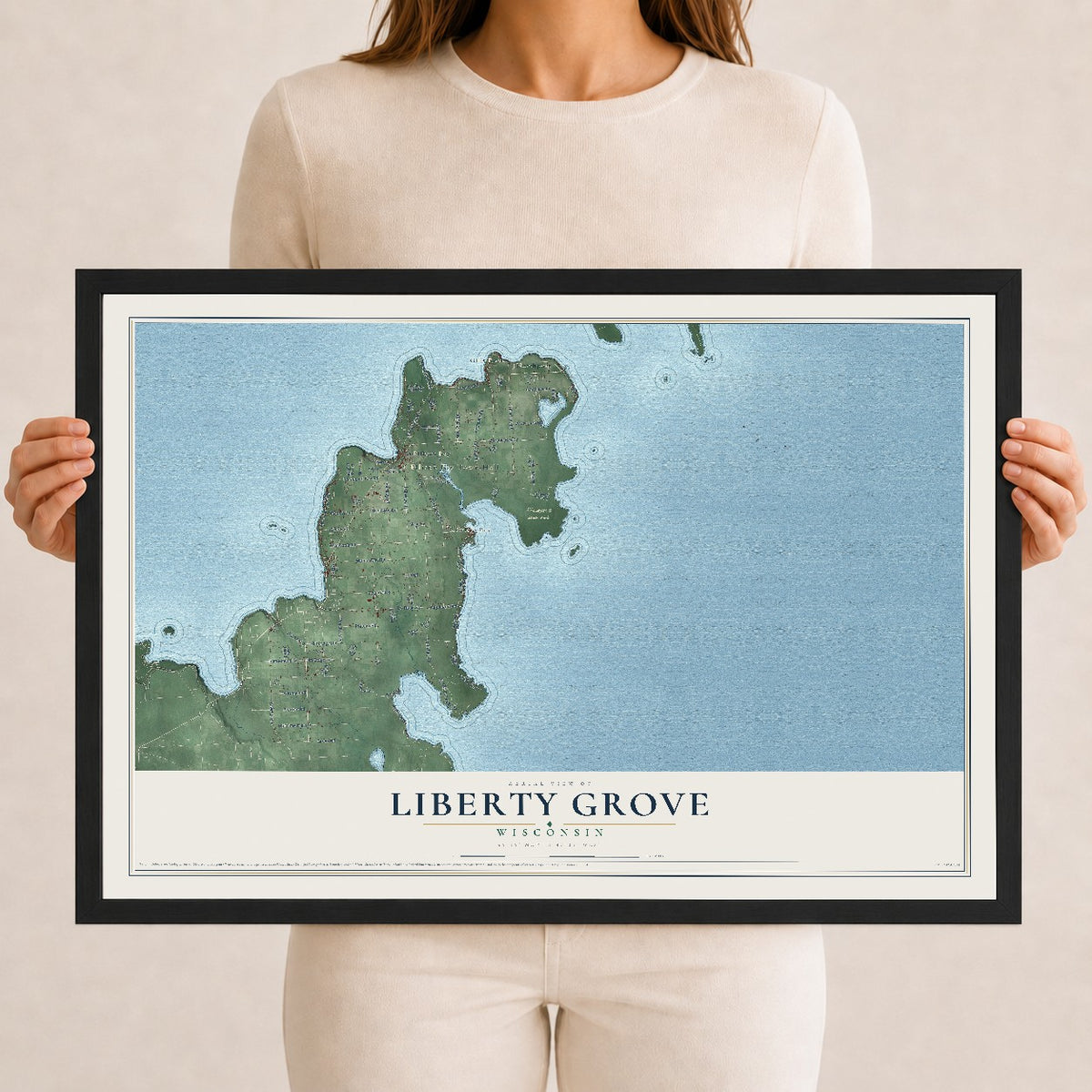 Map of Liberty Grove, Wisconsin, 12 x 18 inch print in a black wood frame