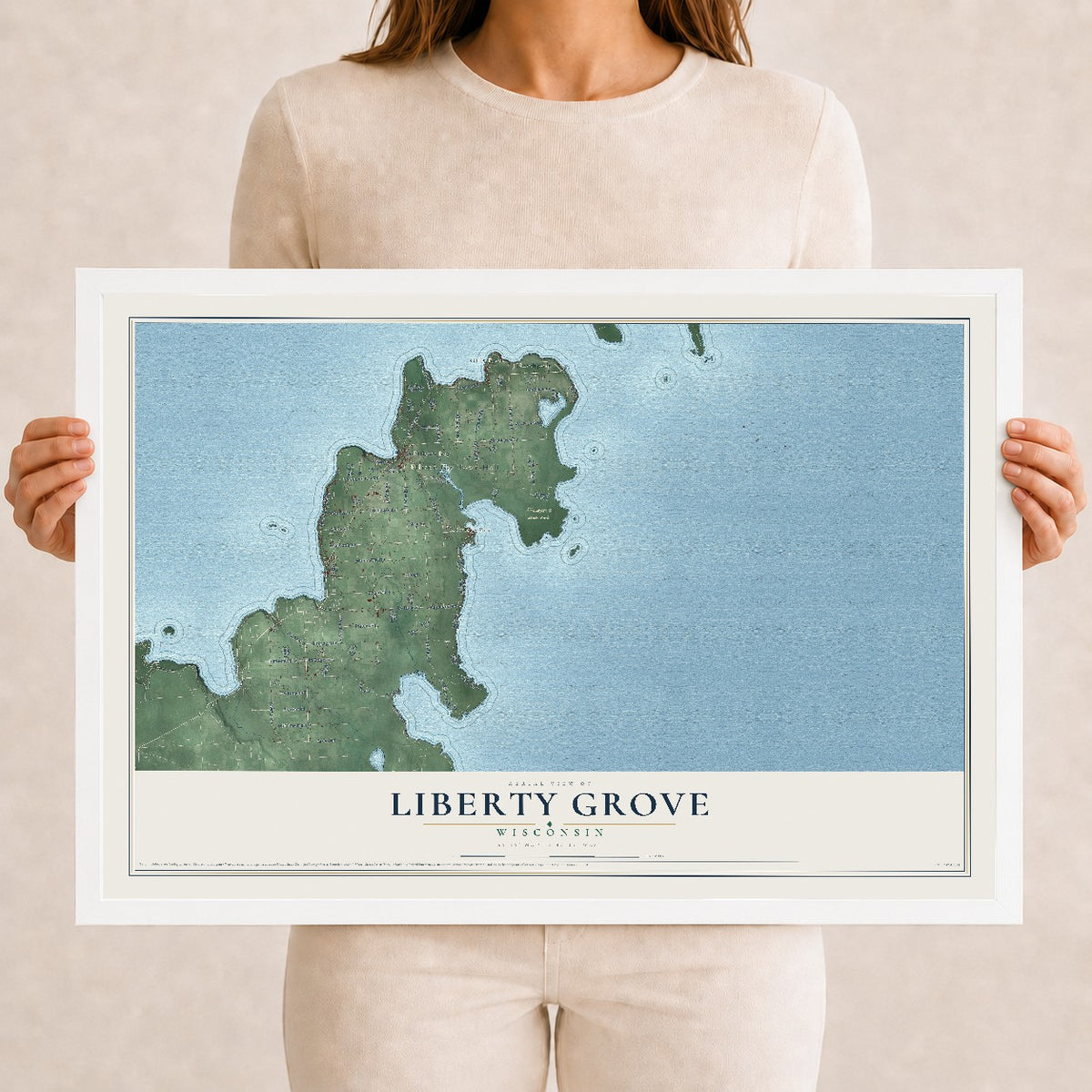 Map of Liberty Grove, Wisconsin, 12 x 18 inch print in a white wood frame
