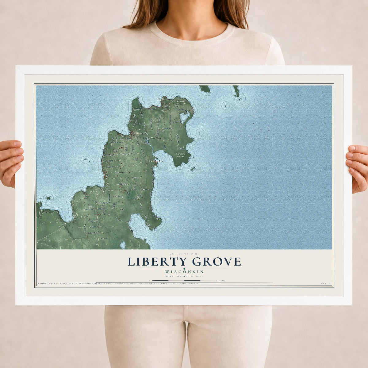 Map of Liberty Grove, Wisconsin, 18 x 24 inch print in a white wood frame