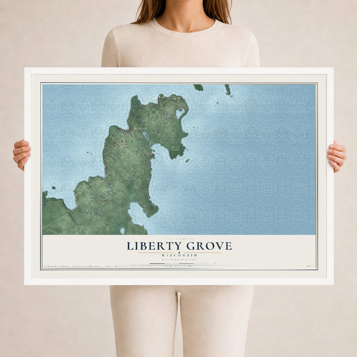 Map of Liberty Grove, Wisconsin, 24 x 36 inch print in a white wood frame