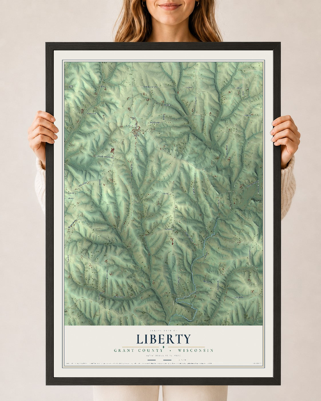 Map of Liberty, Grant County, Wisconsin, 24 x 36 inch print in a black wood frame
