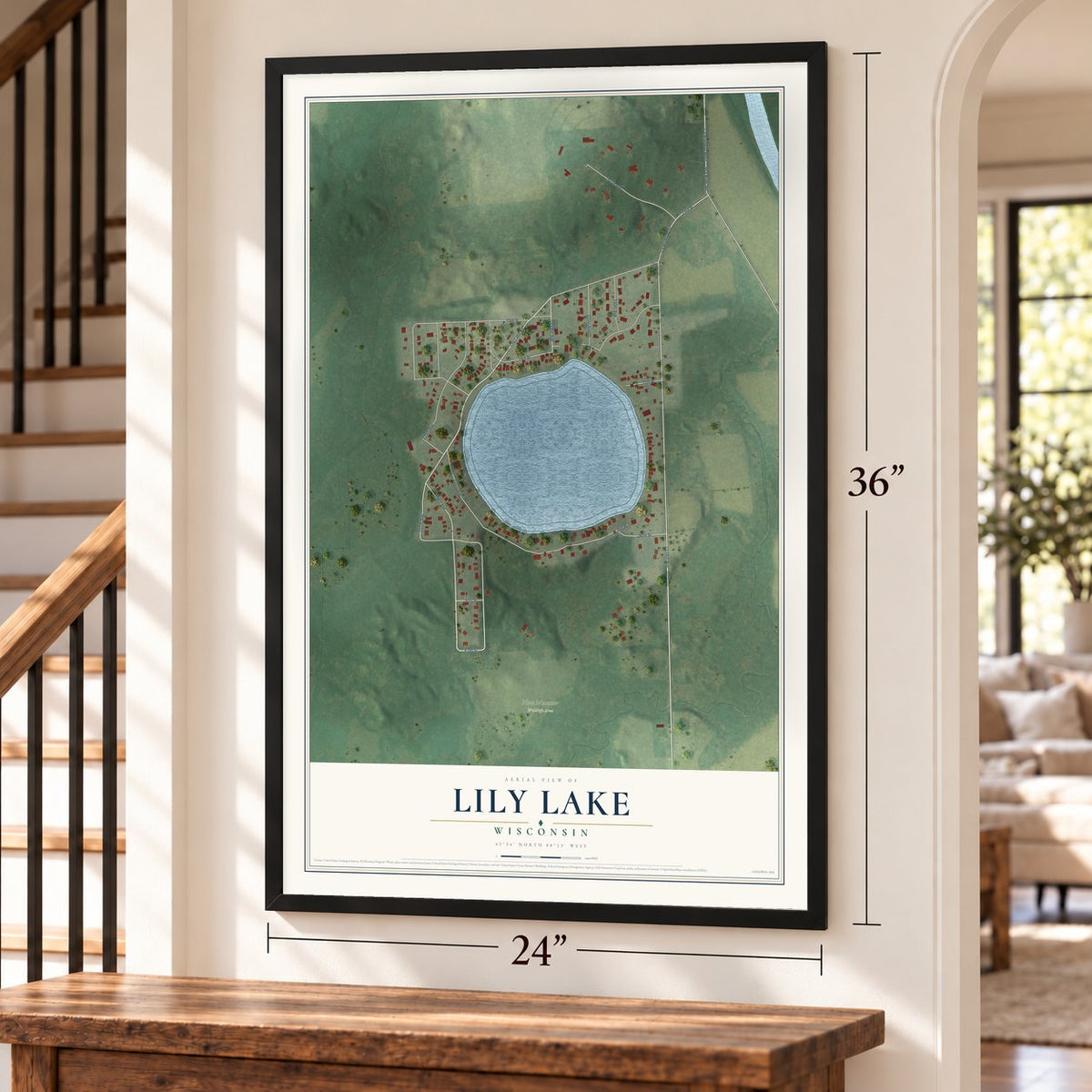 Lily Lake, Wisconsin map, 24 x 36 inch print in a black frame by a staircase