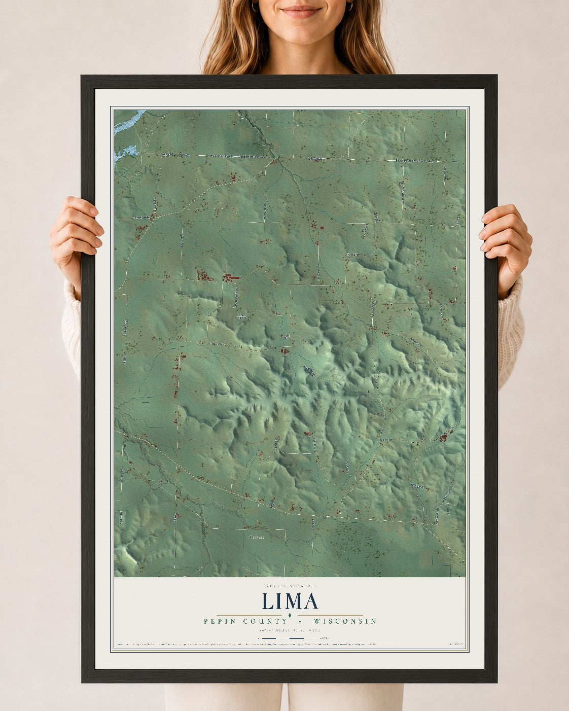Map of Lima, Pepin County, Wisconsin, 24 x 36 inch print in a black wood frame
