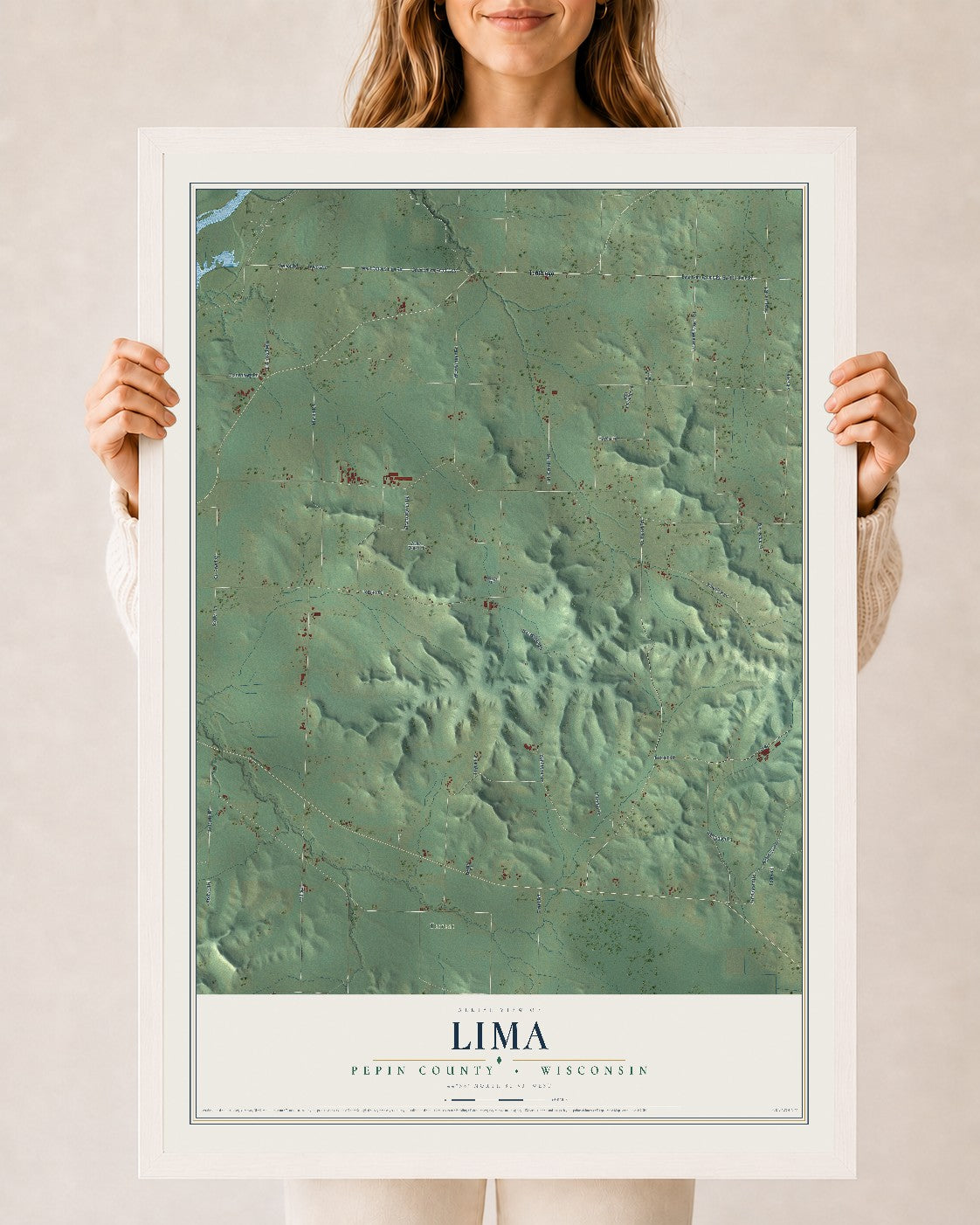 Map of Lima, Pepin County, Wisconsin, 24 x 36 inch print in a white wood frame