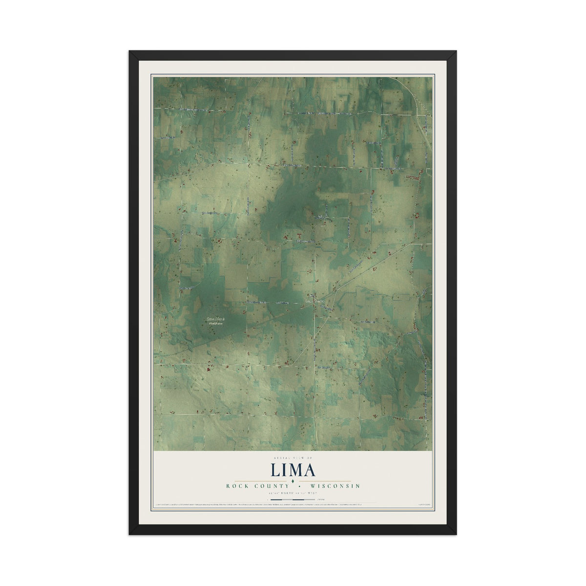 Map of Lima, Rock County, Wisconsin, 12 x 18 inch print in a black wood frame