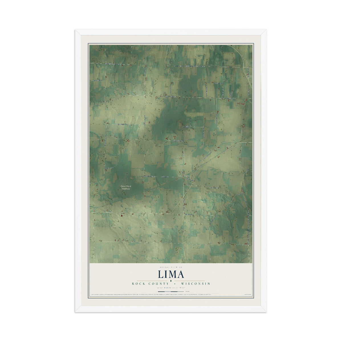Map of Lima, Rock County, Wisconsin, 12 x 18 inch print in a white wood frame