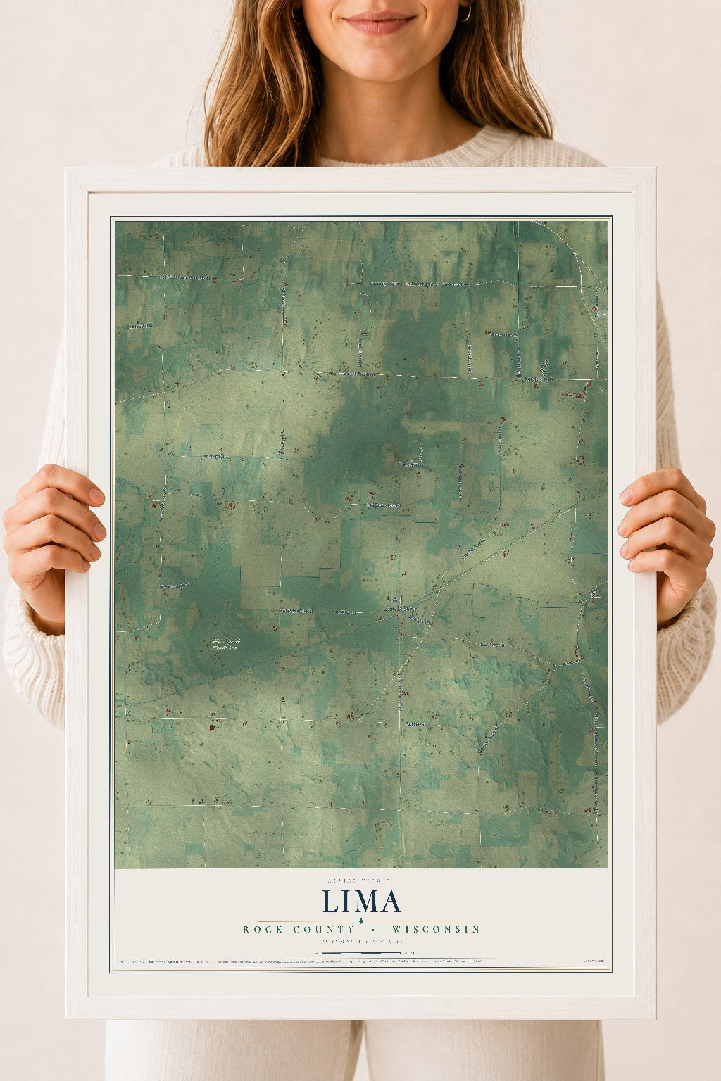 Map of Lima, Rock County, Wisconsin, 18 x 24 inch print in a white wood frame