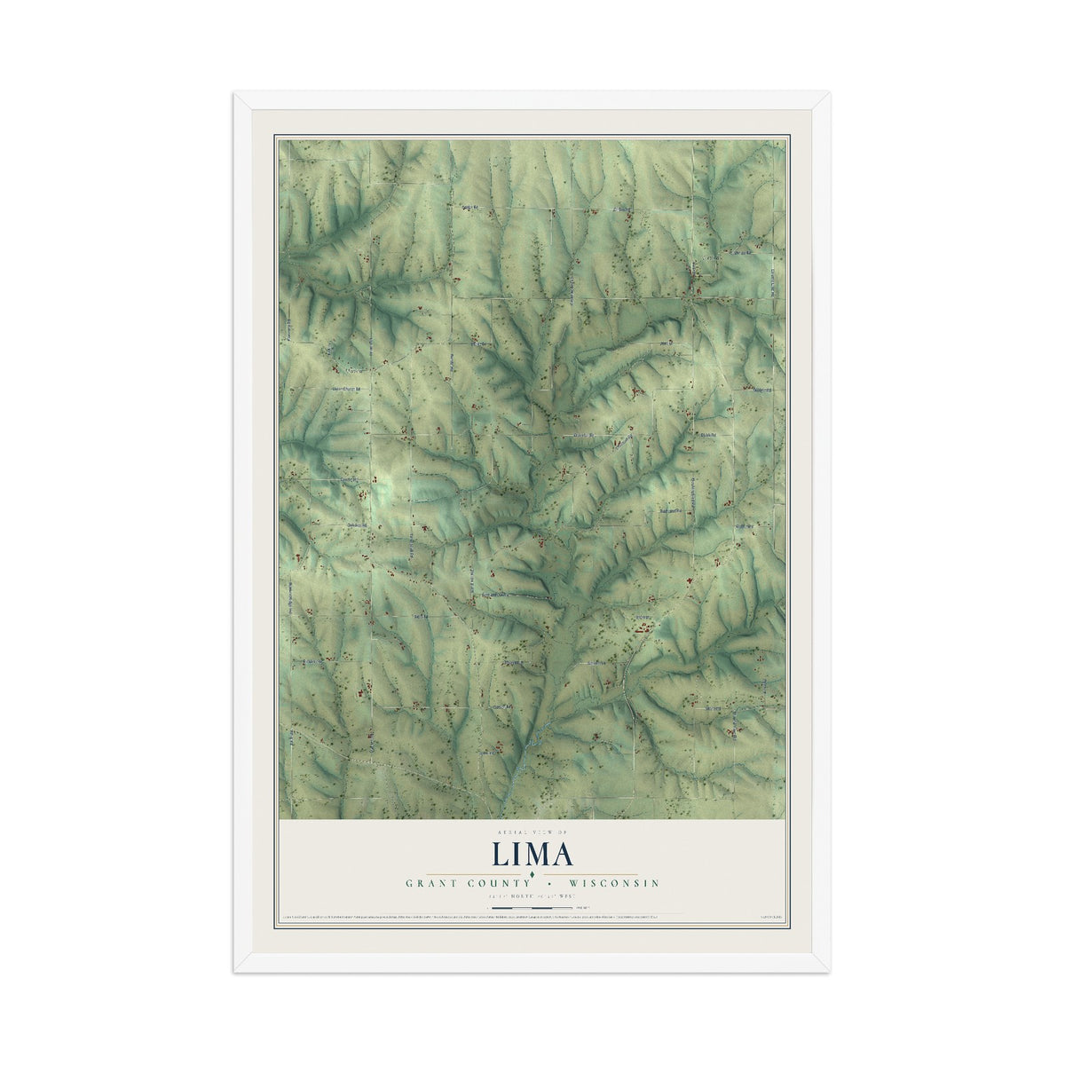Map of Lima, Grant County, Wisconsin, 12 x 18 inch print in a white wood frame