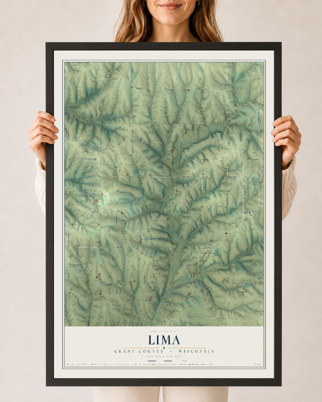 Map of Lima, Grant County, Wisconsin, 24 x 36 inch print in a black wood frame