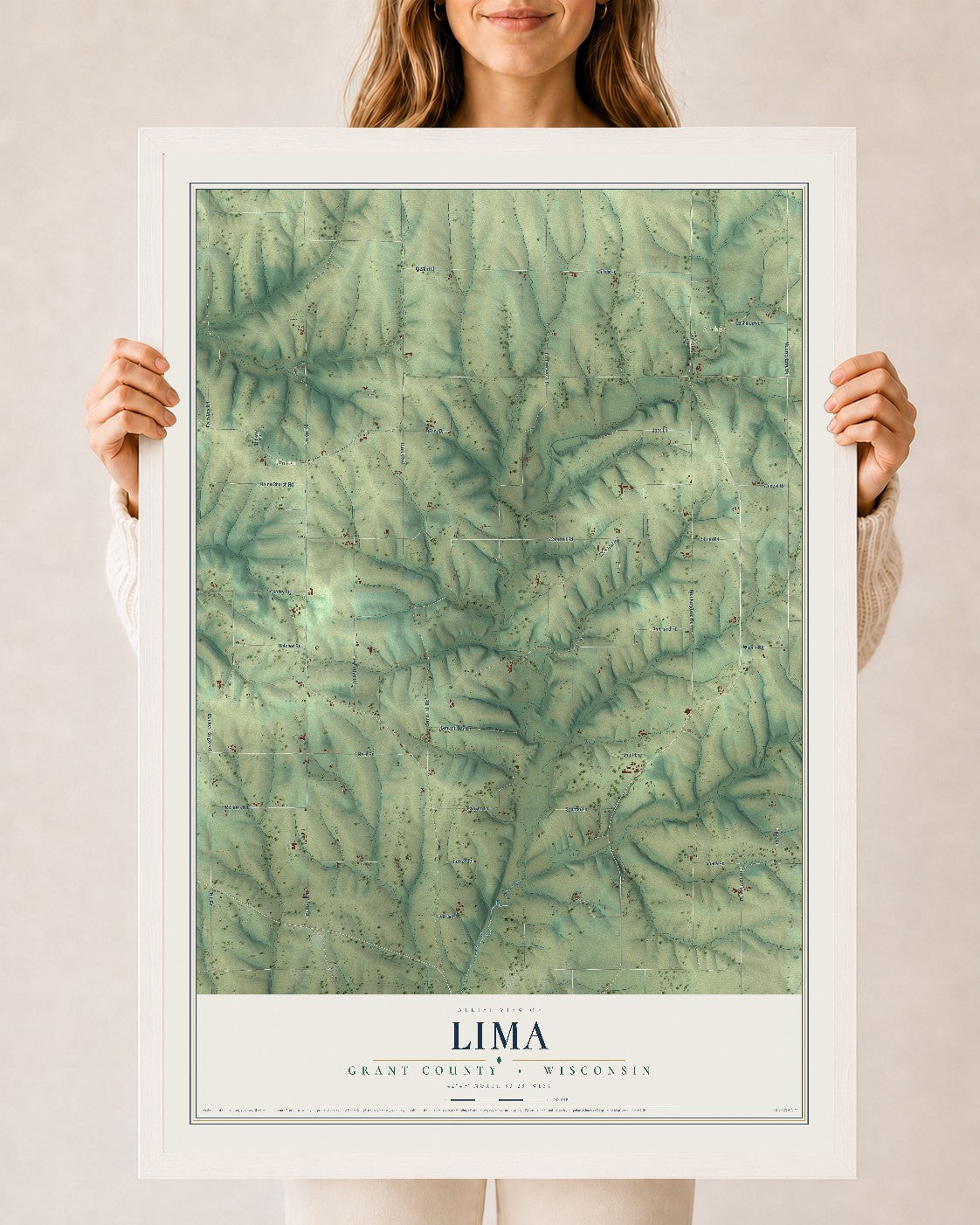 Map of Lima, Grant County, Wisconsin, 24 x 36 inch print in a white wood frame