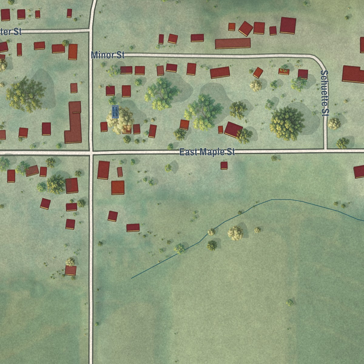 Close-up of the map of Lime Ridge, Wisconsin print showing street and building detail