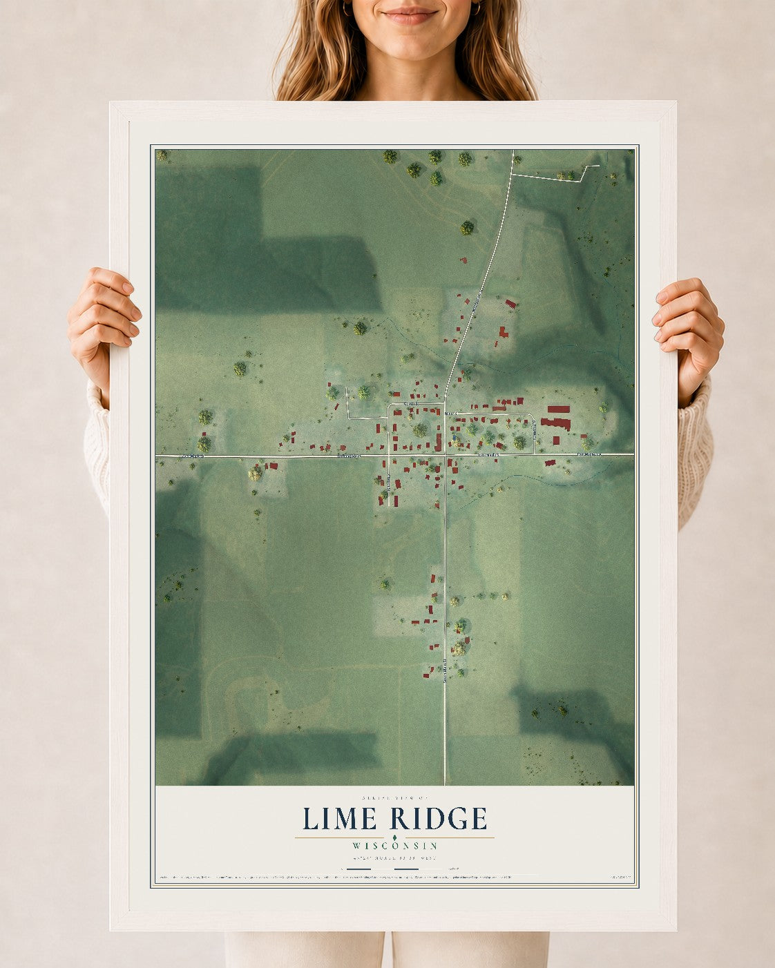 Map of Lime Ridge, Wisconsin, 24 x 36 inch print in a white wood frame