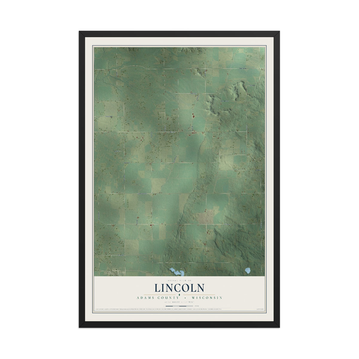 Map of Lincoln, Adams County, Wisconsin, 12 x 18 inch print in a black wood frame