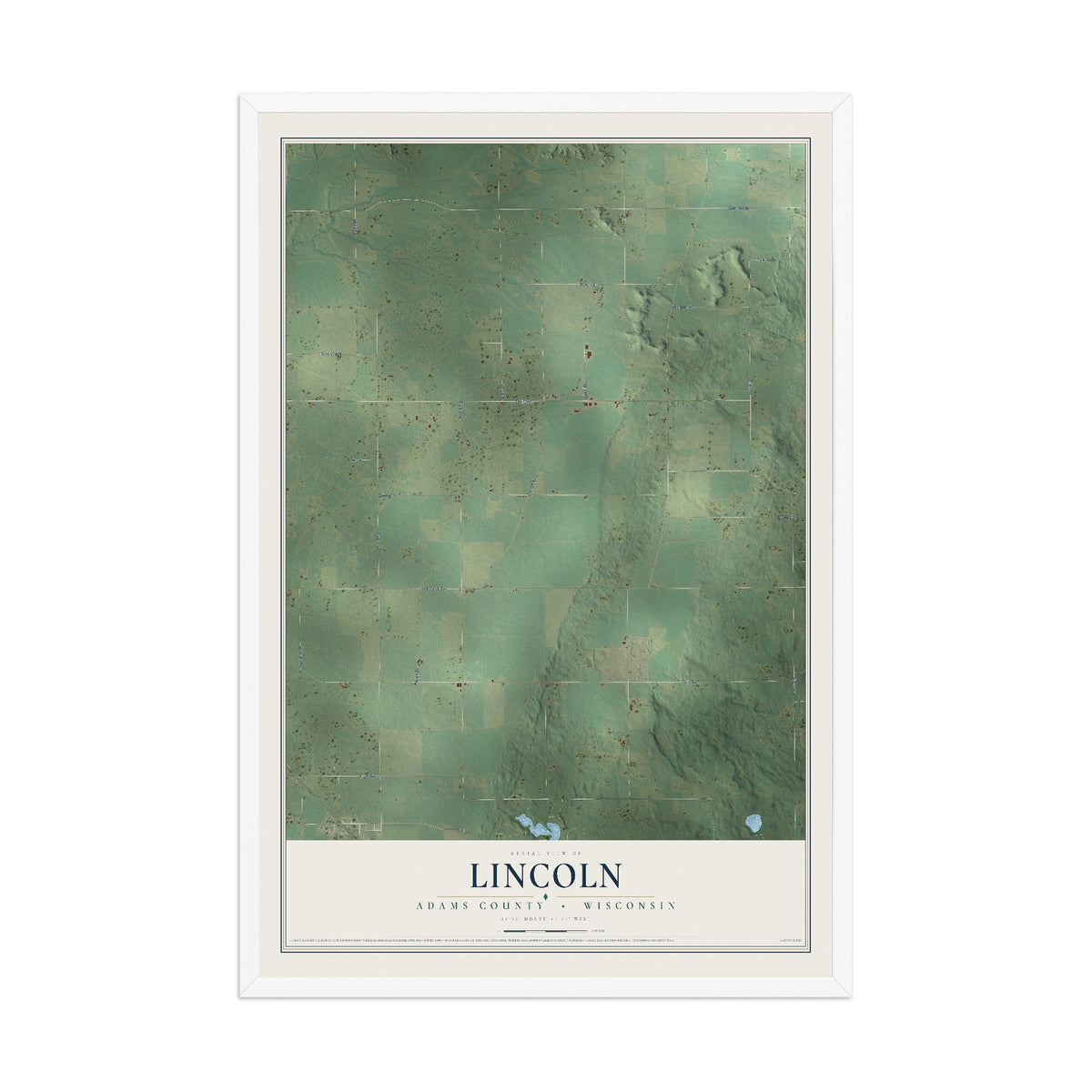 Map of Lincoln, Adams County, Wisconsin, 12 x 18 inch print in a white wood frame