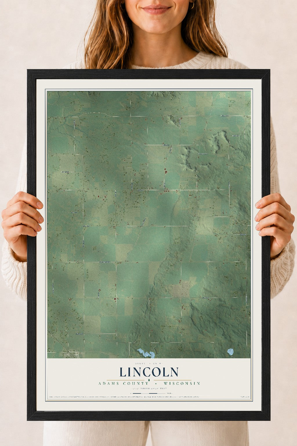 Map of Lincoln, Adams County, Wisconsin, 18 x 24 inch print in a black wood frame