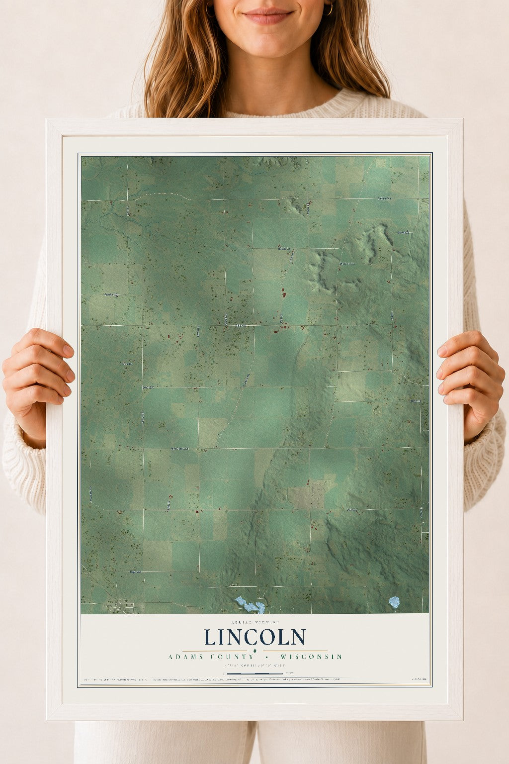 Map of Lincoln, Adams County, Wisconsin, 18 x 24 inch print in a white wood frame