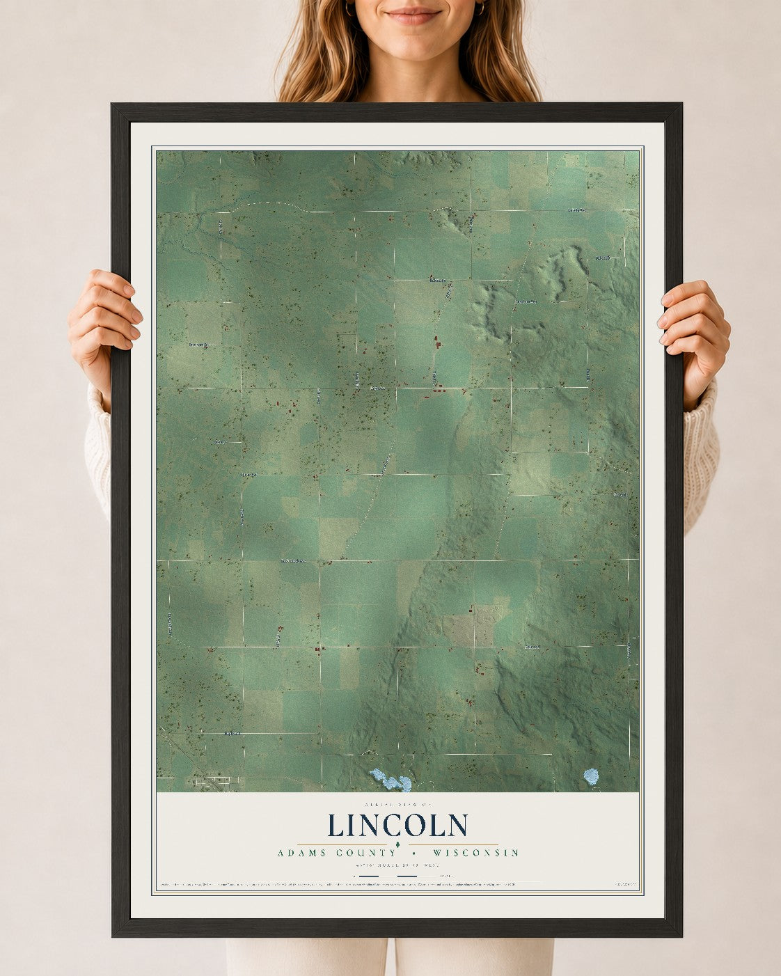 Map of Lincoln, Adams County, Wisconsin, 24 x 36 inch print in a black wood frame
