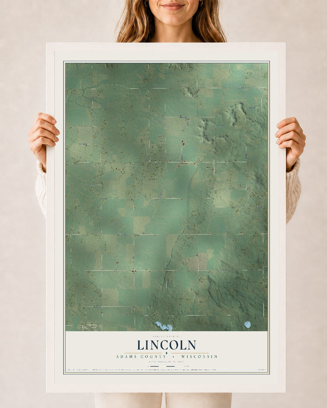Map of Lincoln, Adams County, Wisconsin, 24 x 36 inch print in a white wood frame