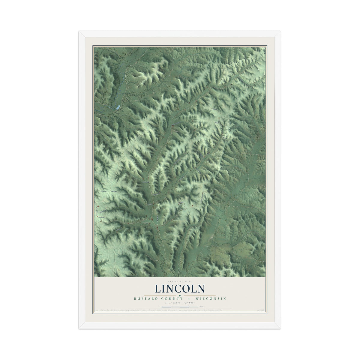 Map of Lincoln, Buffalo County, Wisconsin, 12 x 18 inch print in a white wood frame