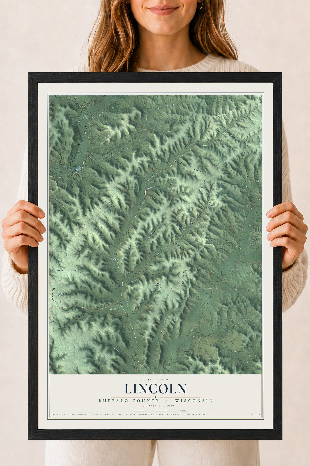 Map of Lincoln, Buffalo County, Wisconsin, 18 x 24 inch print in a black wood frame
