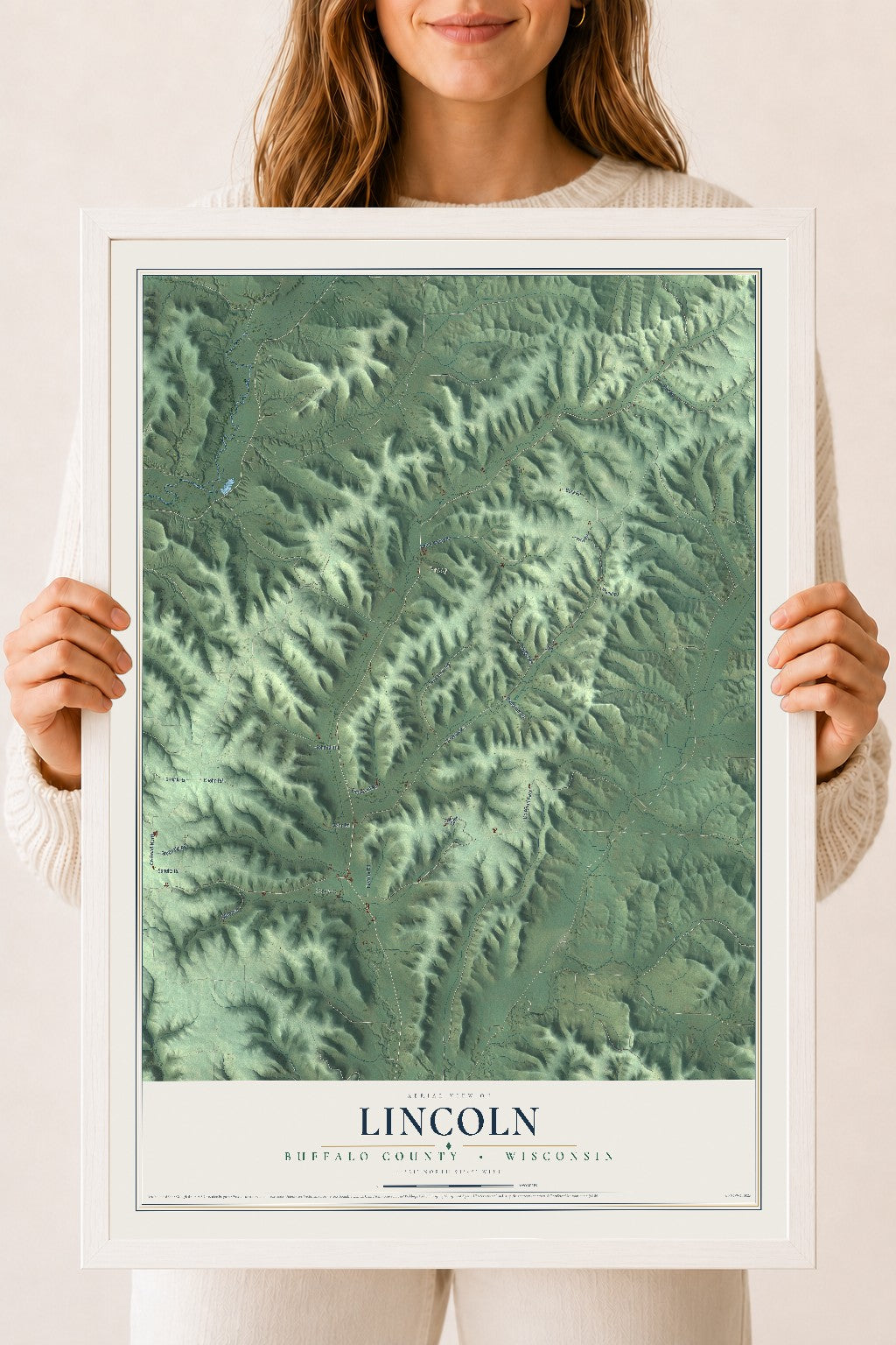 Map of Lincoln, Buffalo County, Wisconsin, 18 x 24 inch print in a white wood frame