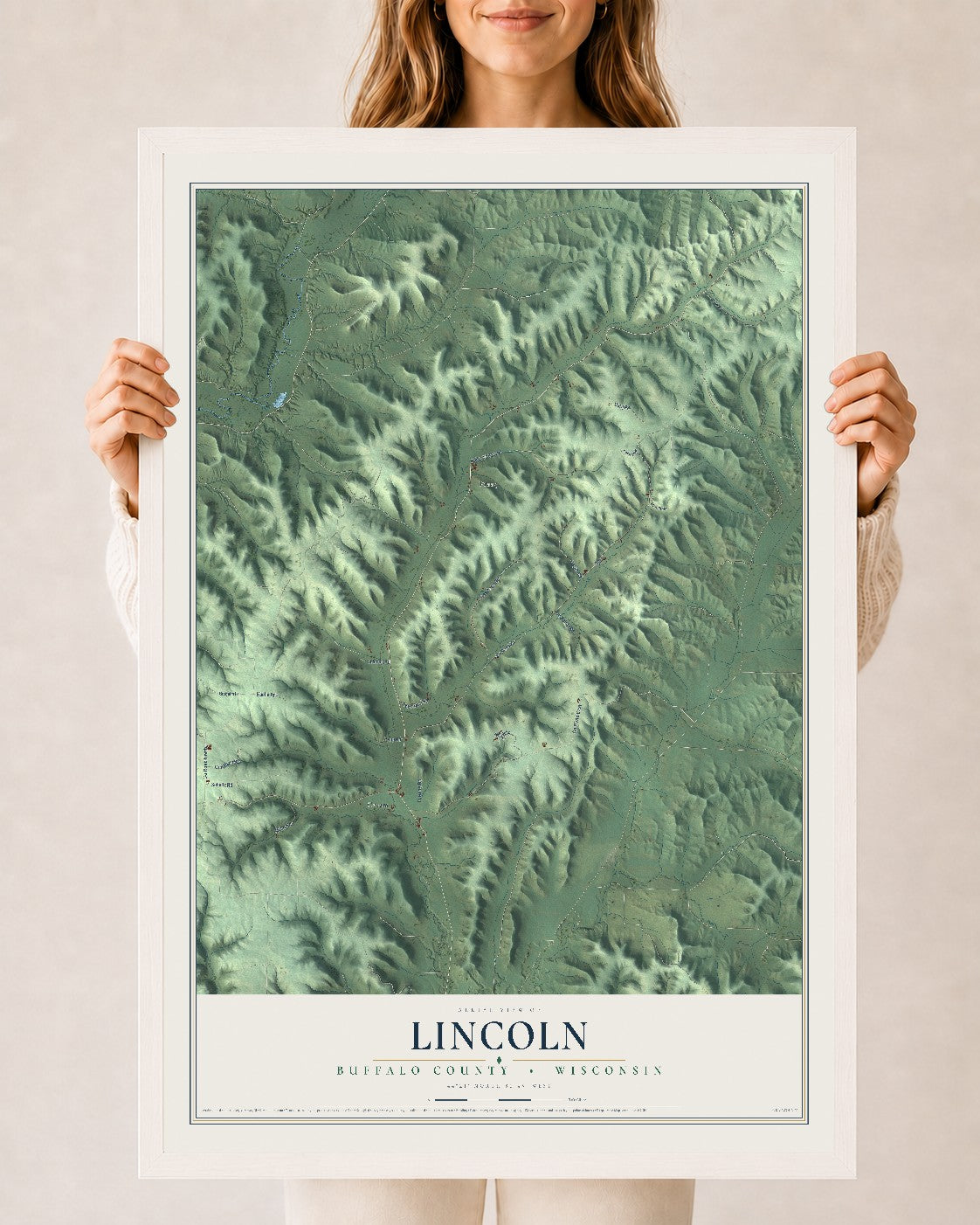 Map of Lincoln, Buffalo County, Wisconsin, 24 x 36 inch print in a white wood frame