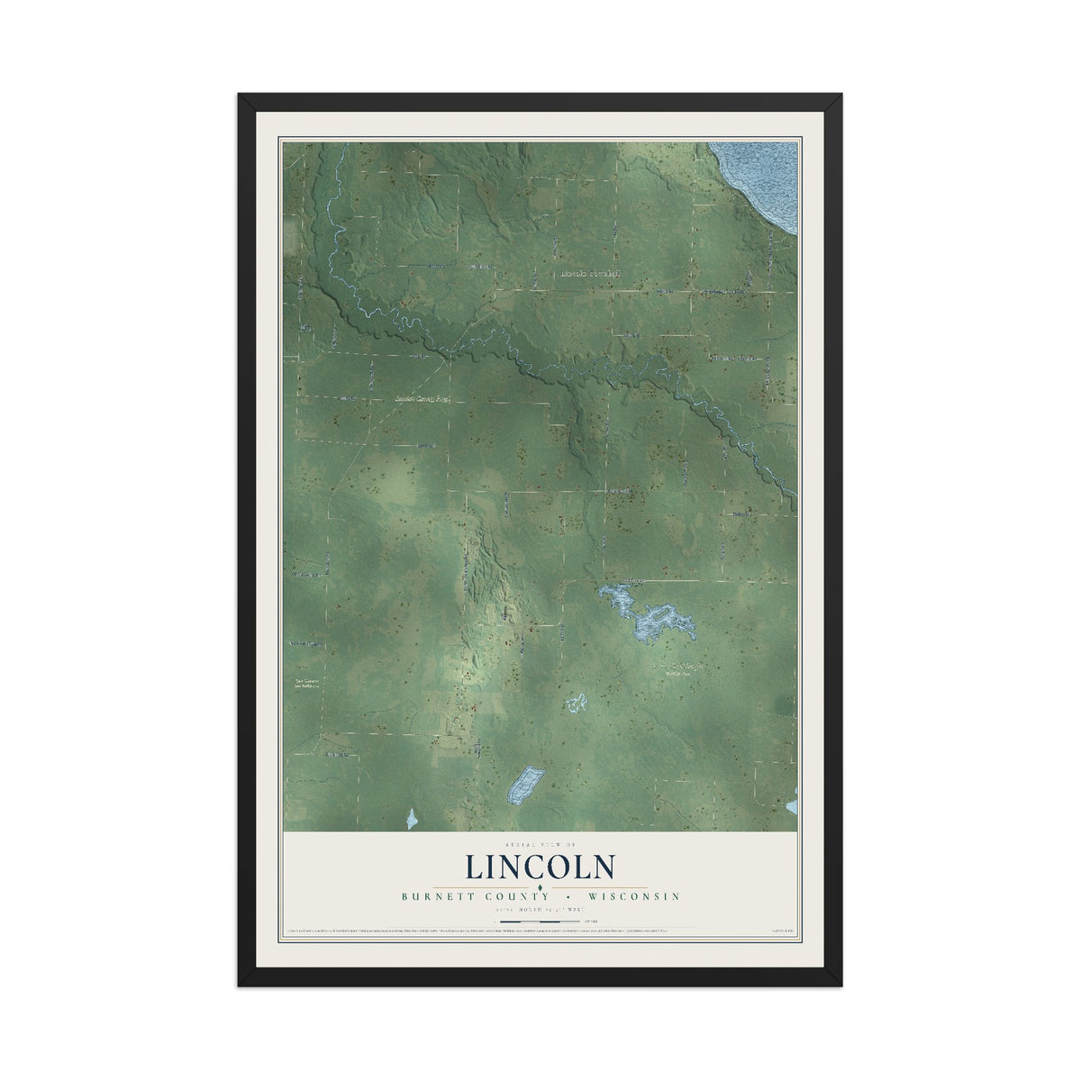 Map of Lincoln, Burnett County, Wisconsin, 12 x 18 inch print in a black wood frame