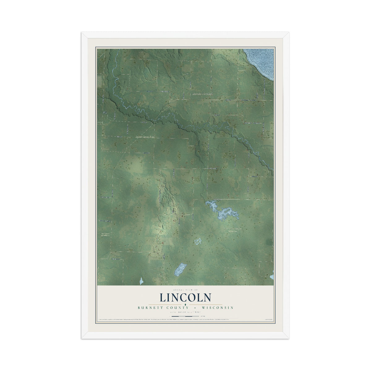 Map of Lincoln, Burnett County, Wisconsin, 12 x 18 inch print in a white wood frame