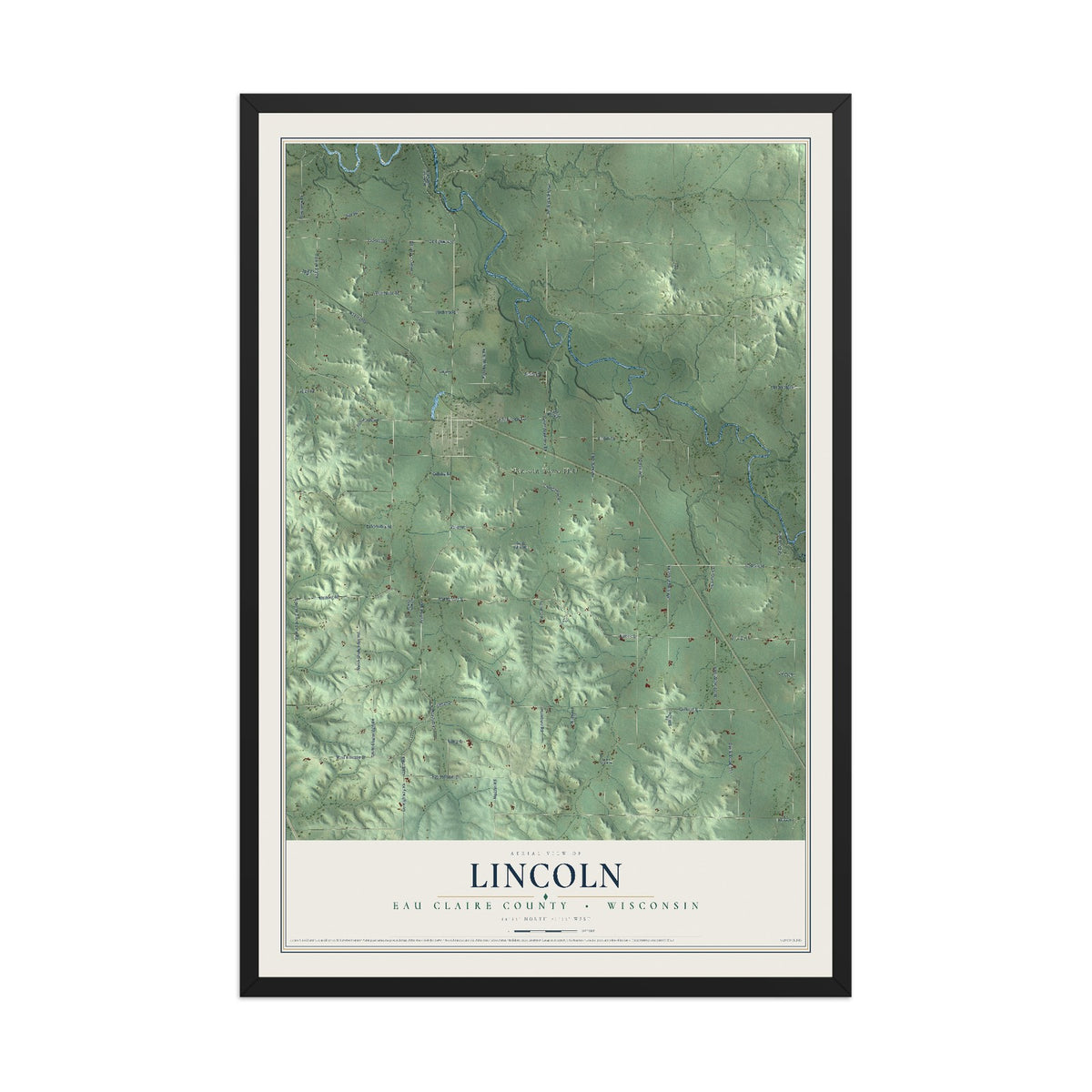 Map of Lincoln, Eau Claire County, Wisconsin, 12 x 18 inch print in a black wood frame