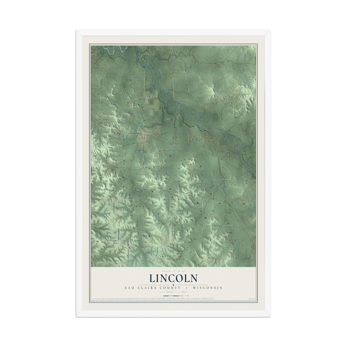 Map of Lincoln, Eau Claire County, Wisconsin, 12 x 18 inch print in a white wood frame