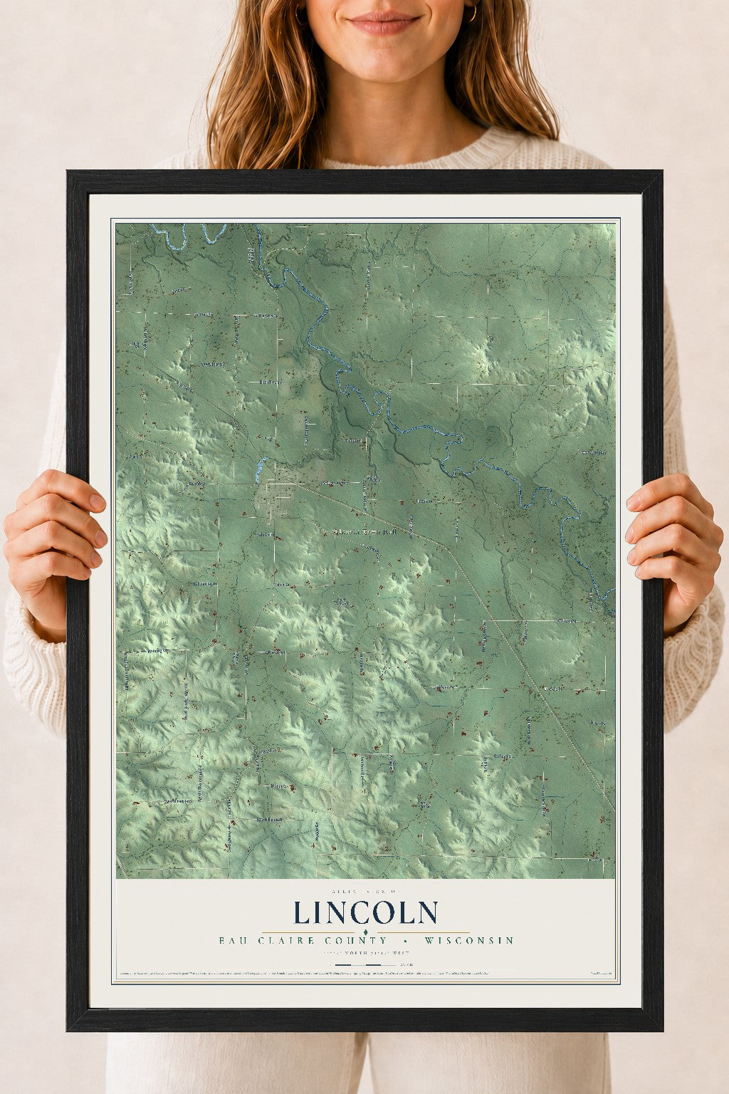 Map of Lincoln, Eau Claire County, Wisconsin, 18 x 24 inch print in a black wood frame