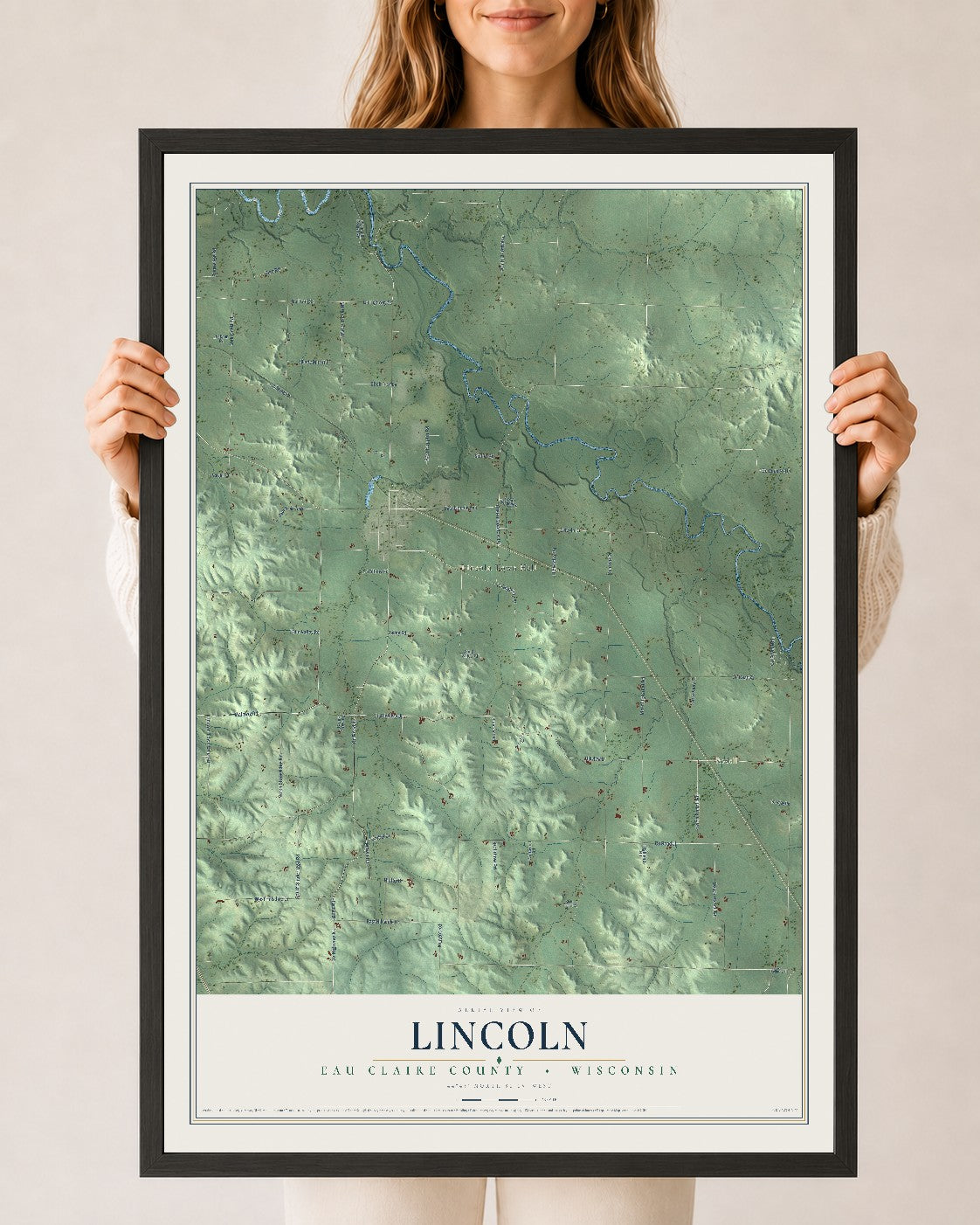 Map of Lincoln, Eau Claire County, Wisconsin, 24 x 36 inch print in a black wood frame