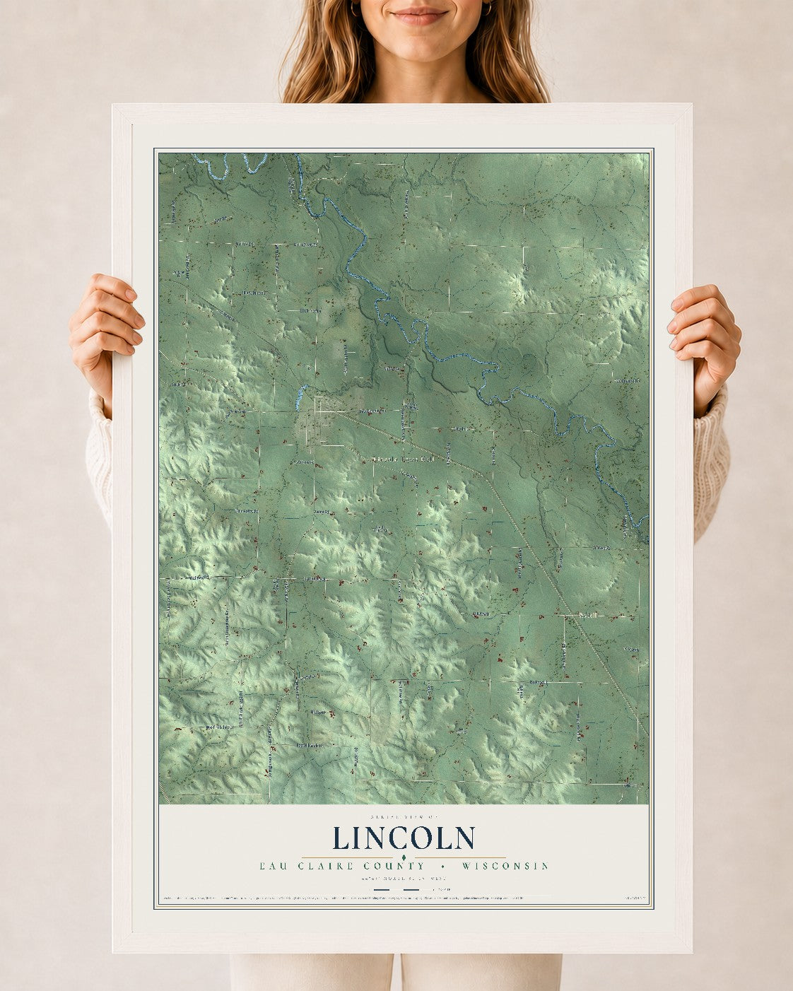 Map of Lincoln, Eau Claire County, Wisconsin, 24 x 36 inch print in a white wood frame
