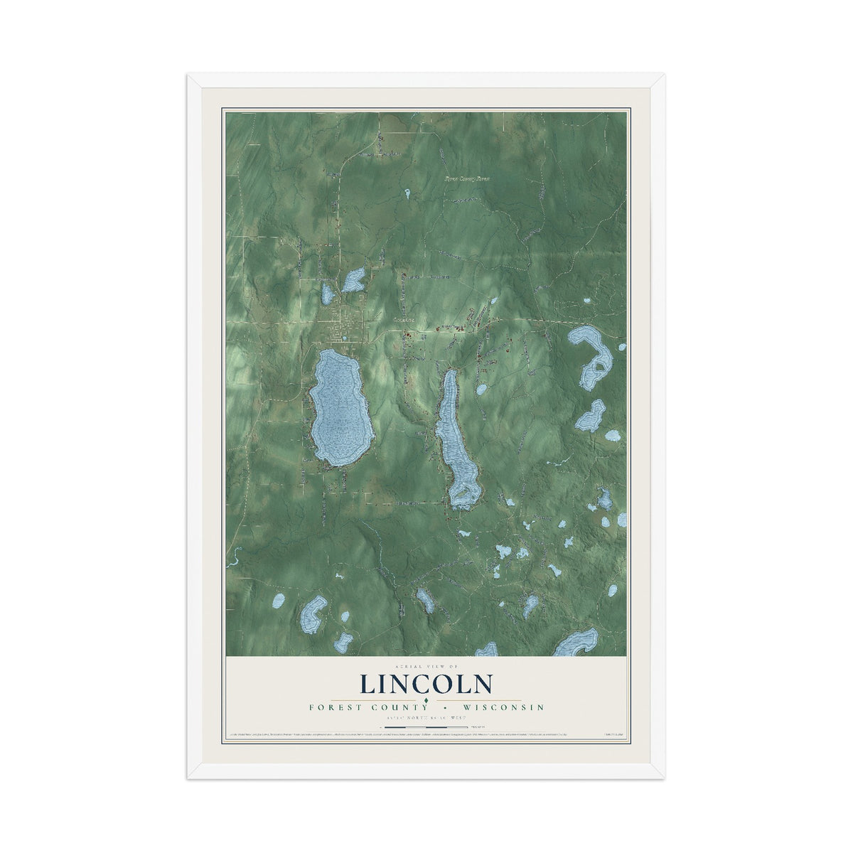 Map of Lincoln, Forest County, Wisconsin, 12 x 18 inch print in a white wood frame